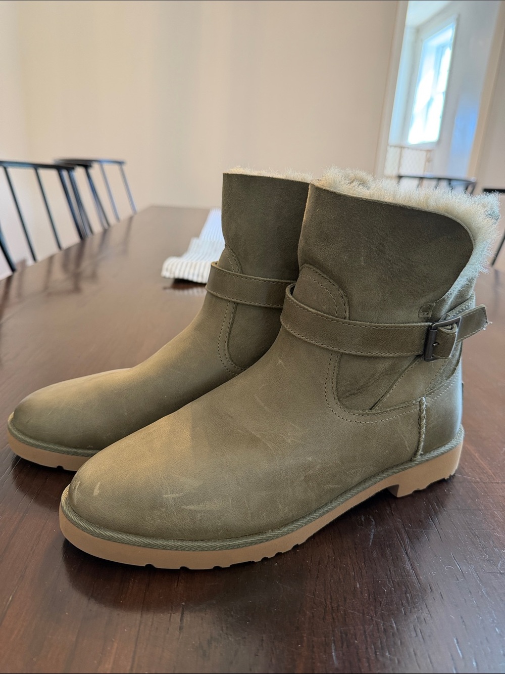 Women’s Olive Green Suede Winter Ankle Boots - Faux Fur Lining